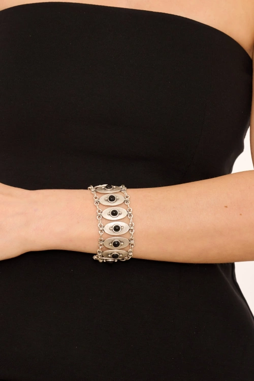 Kiraz Black Stoned Silver Plated Bracelet