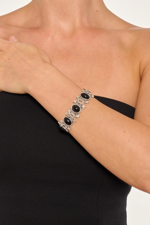 Kiraz Black Stoned Silver Plated Bracelet