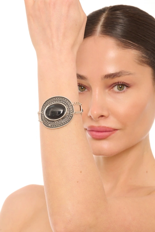 Kiraz Black Stoned Silver Plated Bracelet