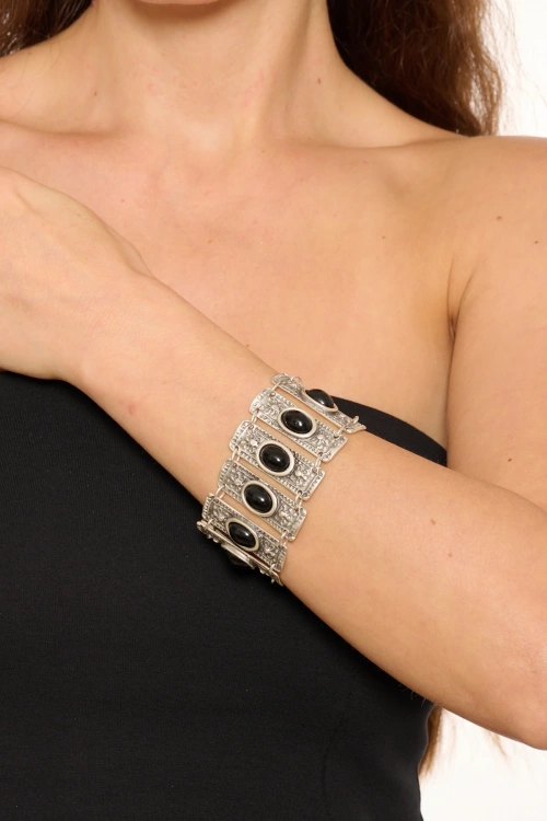 Kiraz Black Stoned Silver Plated Bracelet