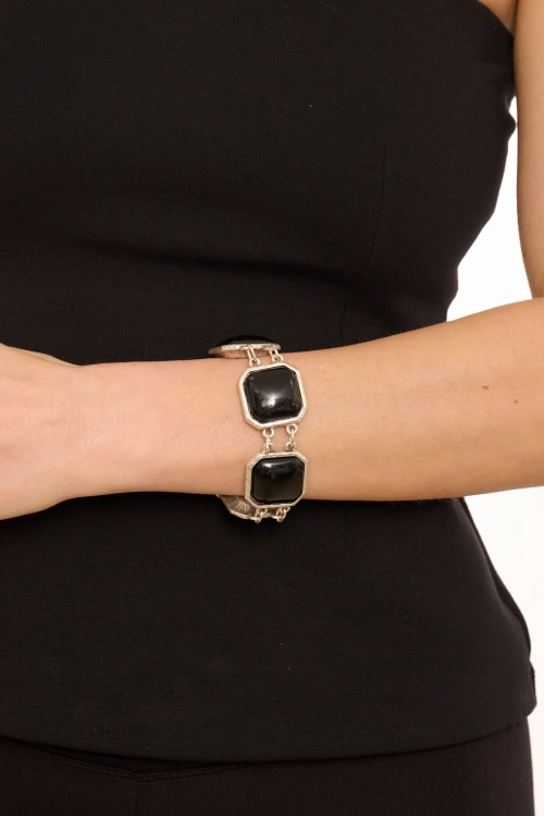 Kiraz Black Stoned Silver Plated Bracelet
