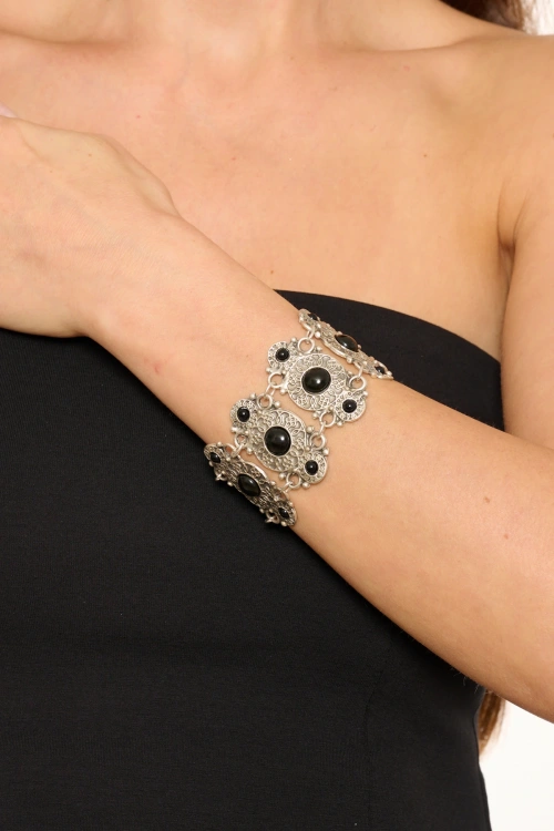 Kiraz Black Stoned Silver Plated Bracelet