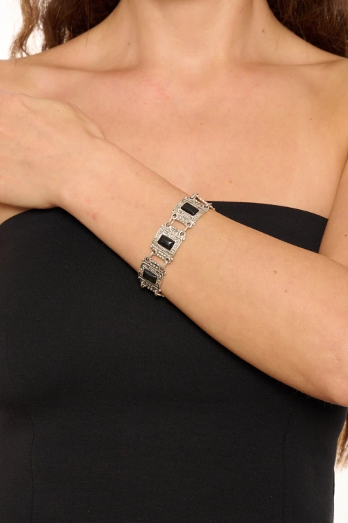 Kiraz Black Stoned Silver Plated Bracelet