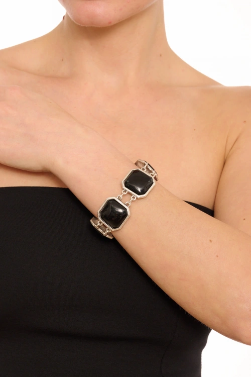 Kiraz Black Stoned Silver Plated Bracelet