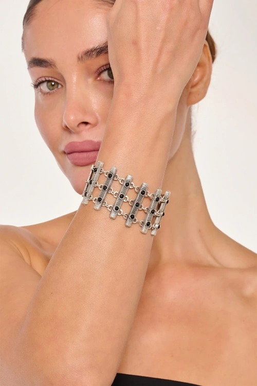 Kiraz Black Stoned Silver Plated Bracelet