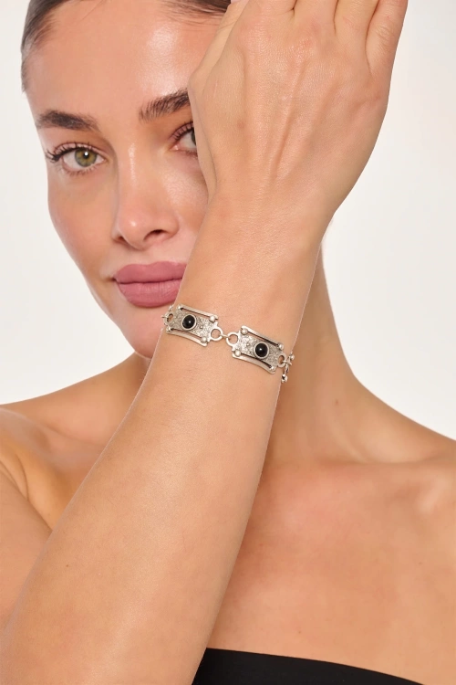 Kiraz Black Stoned Silver Plated Bracelet