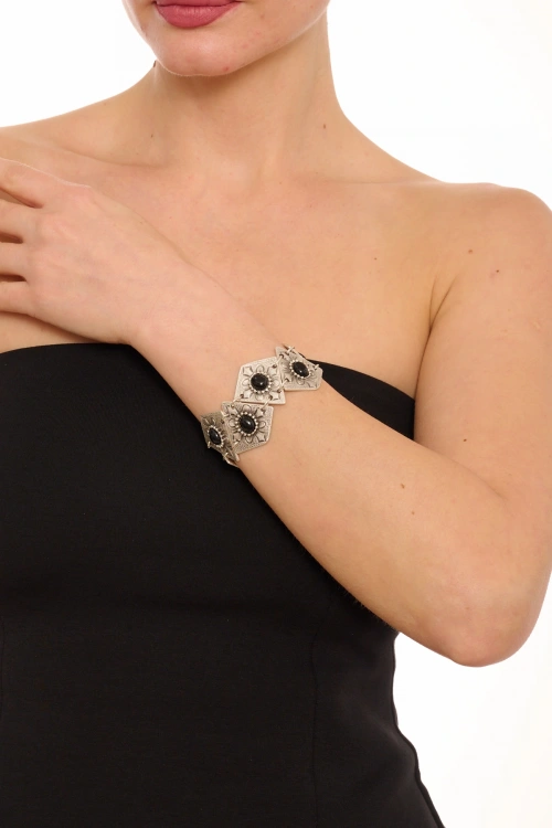Kiraz Black Stoned Silver Plated Bracelet