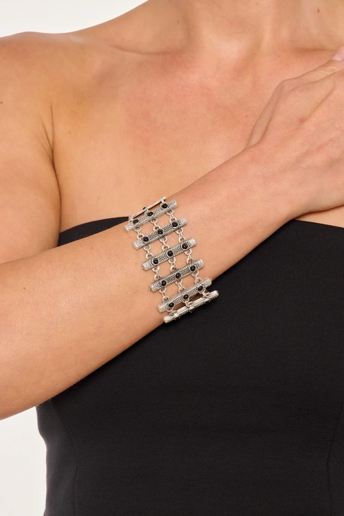 Kiraz Black Stoned Silver Plated Bracelet