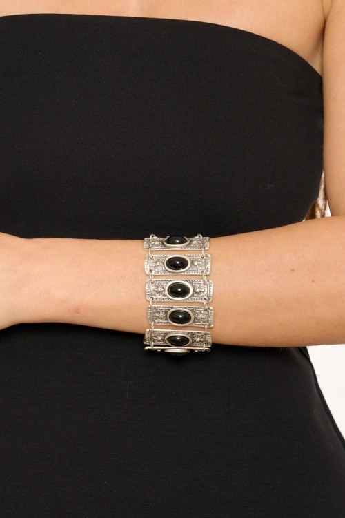 Kiraz Black Stoned Silver Plated Bracelet