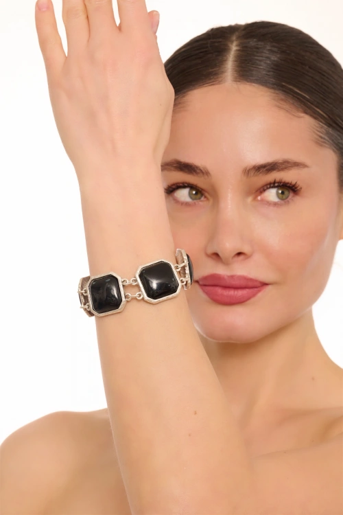 Kiraz Black Stoned Silver Plated Bracelet