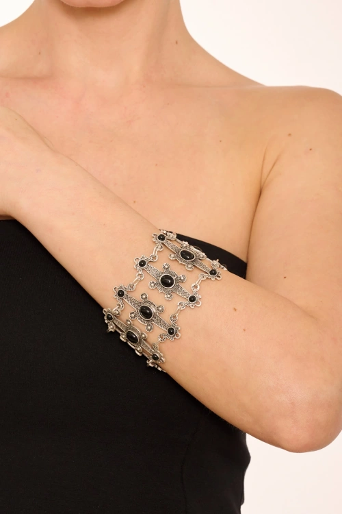 Kiraz Black Stoned Silver Plated Bracelet