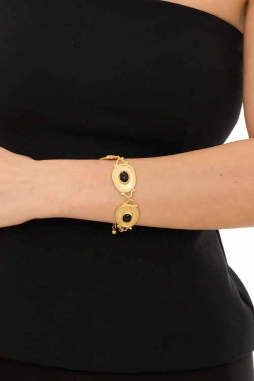 Kiraz Black Stoned Silver Plated Bracelet