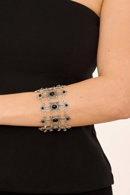 Kiraz Black Stoned Silver Plated Bracelet