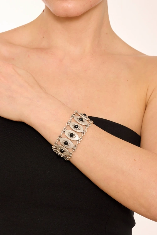 Kiraz Black Stoned Silver Plated Bracelet