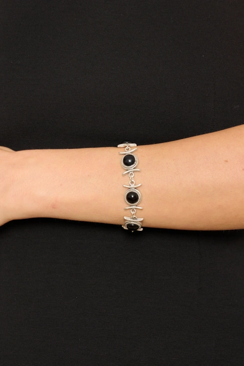 Kiraz Black Stoned Silver Plated Bracelet