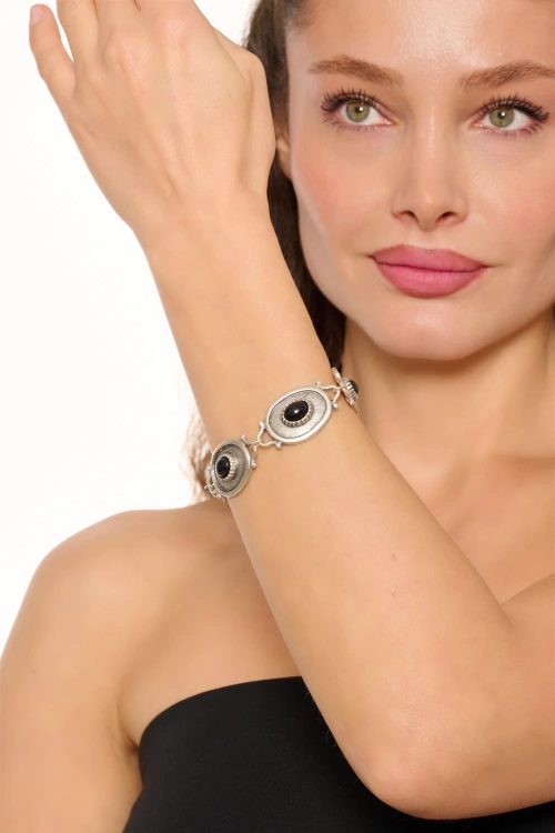 Kiraz Black Stoned Silver Plated Bracelet