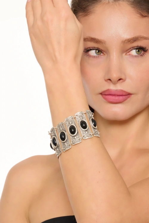 Kiraz Black Stoned Silver Plated Bracelet