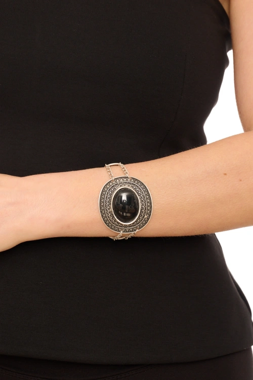 Kiraz Black Stoned Silver Plated Bracelet