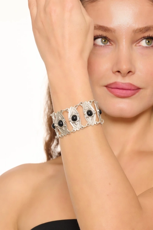 Kiraz Black Stoned Silver Plated Bracelet