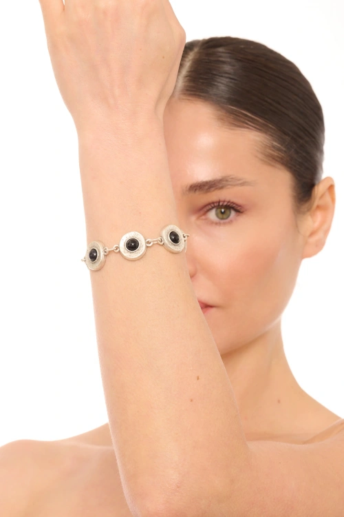 Kiraz Black Stoned Silver Plated Bracelet