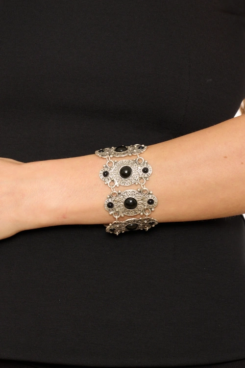 Kiraz Black Stoned Silver Plated Bracelet