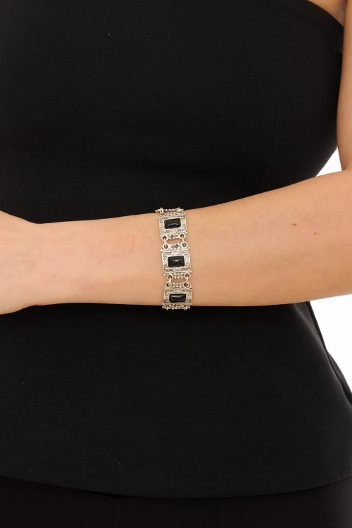 Kiraz Black Stoned Silver Plated Bracelet