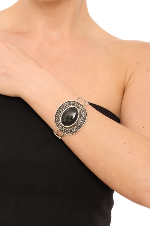 Kiraz Black Stoned Silver Plated Bracelet