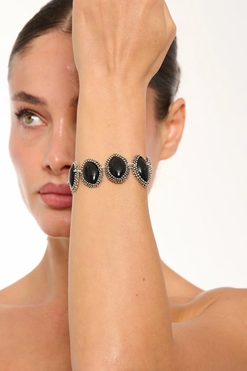 Kiraz Black Stoned Silver Plated Almond Bracelet