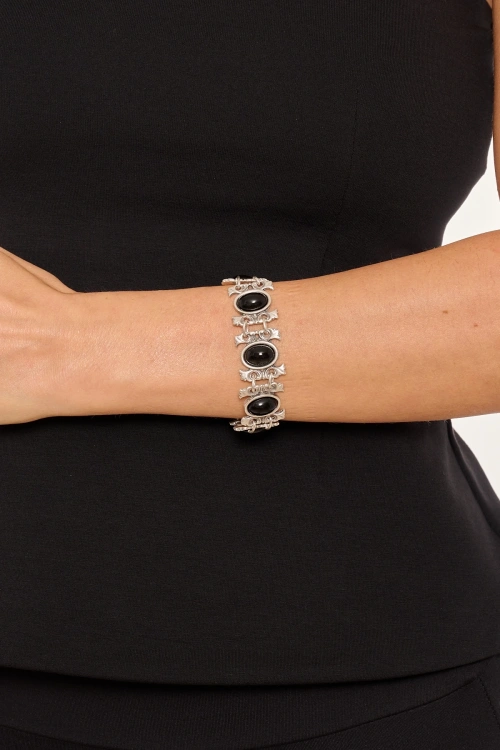 Kiraz Black Stoned Silver Plated Bracelet