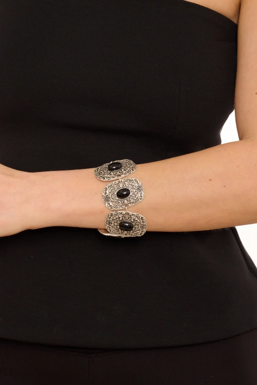 Kiraz Black Stoned Silver Plated Bracelet