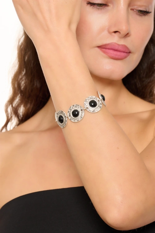 Kiraz Black Stoned Silver Plated Bracelet
