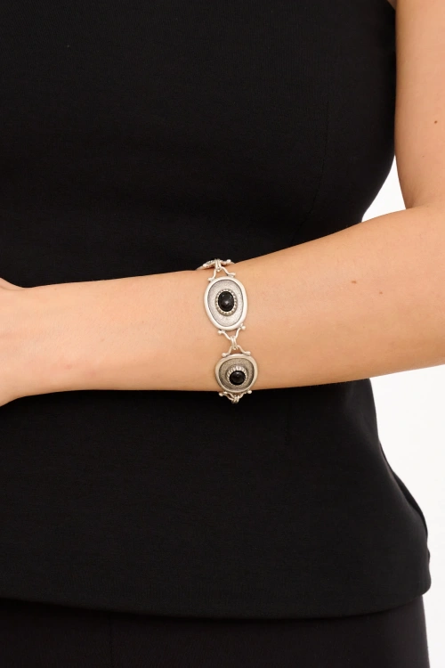 Kiraz Black Stoned Silver Plated Bracelet