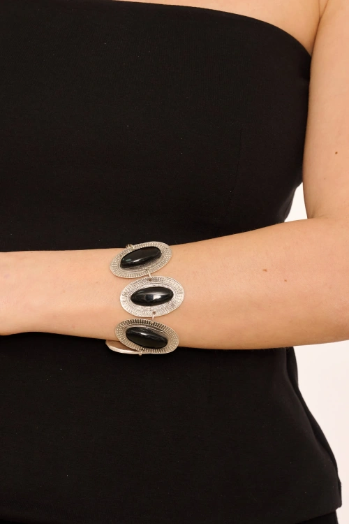 Kiraz Black Stoned Silver Plated Bracelet