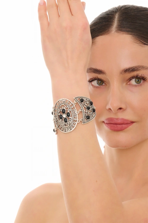 Kiraz Black Stoned Silver Plated Bracelet