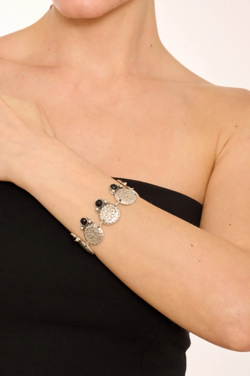 Kiraz Black Stoned Silver Plated Bracelet