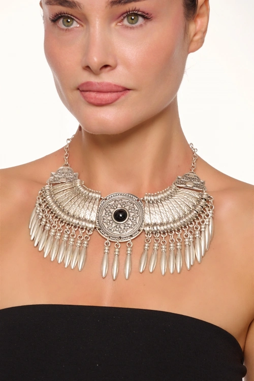 Kiraz Black Stoned Silver Plated Cleopatra Necklace
