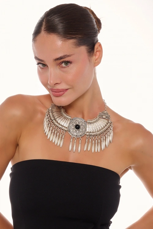 Kiraz Black Stoned Silver Plated Cleopatra Necklace