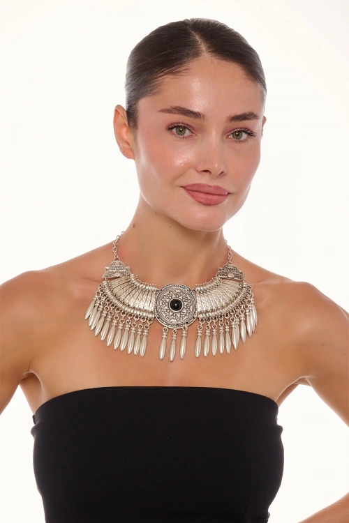 Kiraz Black Stoned Silver Plated Cleopatra Necklace