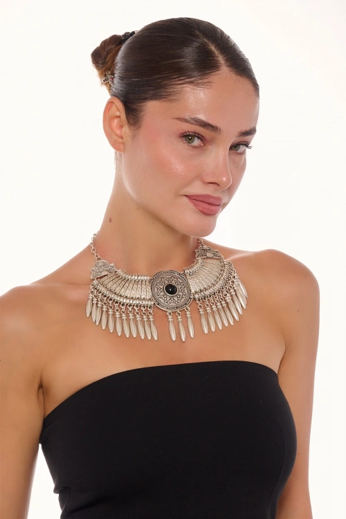 Kiraz Black Stoned Silver Plated Cleopatra Necklace