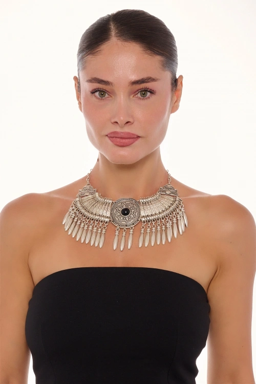 Kiraz Black Stoned Silver Plated Cleopatra Necklace