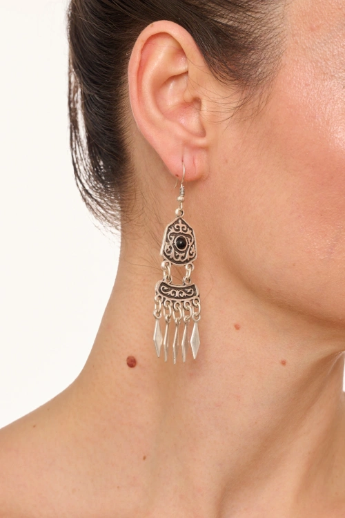 Kiraz Black Stoned Silver Plated Dangling Earring