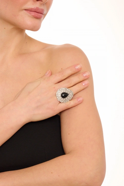 Kiraz Black Stoned Silver Plated Drop Ring