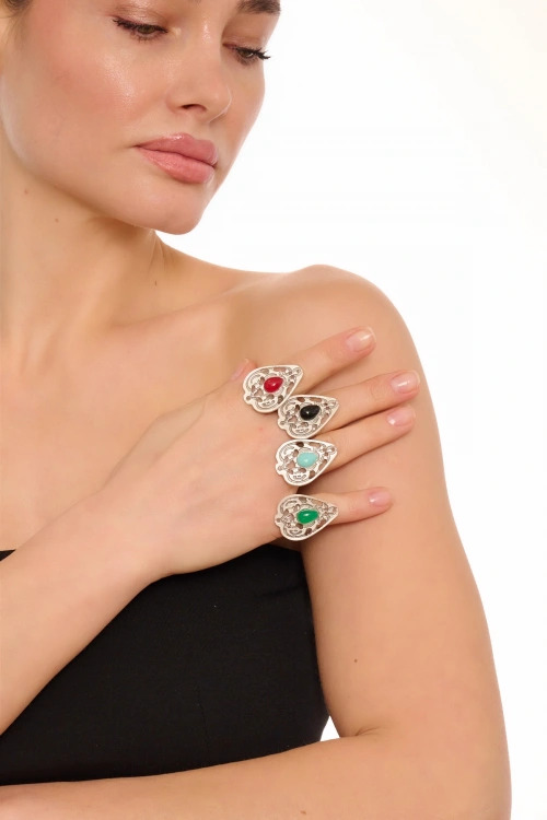 Kiraz Black Stoned Silver Plated Drop Ring