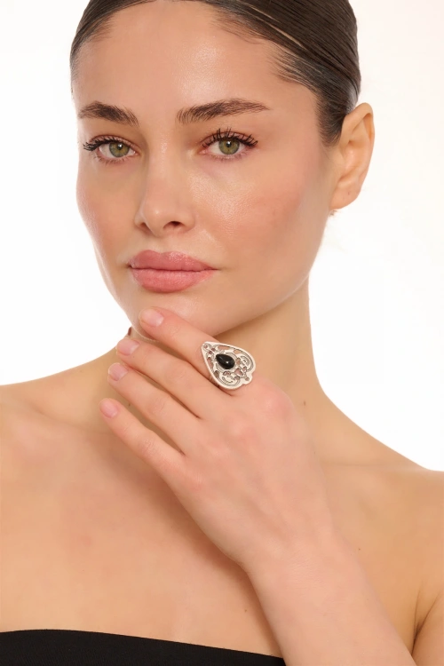 Kiraz Black Stoned Silver Plated Drop Ring