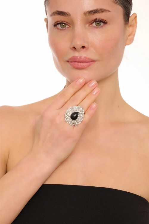 Kiraz Black Stoned Silver Plated Drop Ring