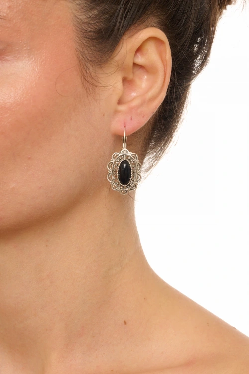 Kiraz Black Stoned Silver Plated Earring