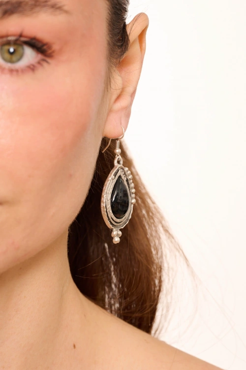 Kiraz Black Stoned Silver Plated Earring