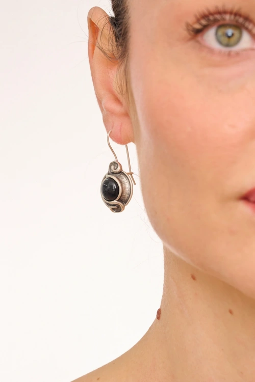 Kiraz Black Stoned Silver Plated Earring