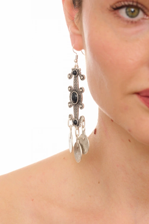 Kiraz Black Stoned Silver Plated Earring