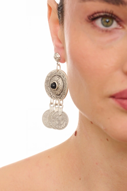 Kiraz Black Stoned Silver Plated Earring